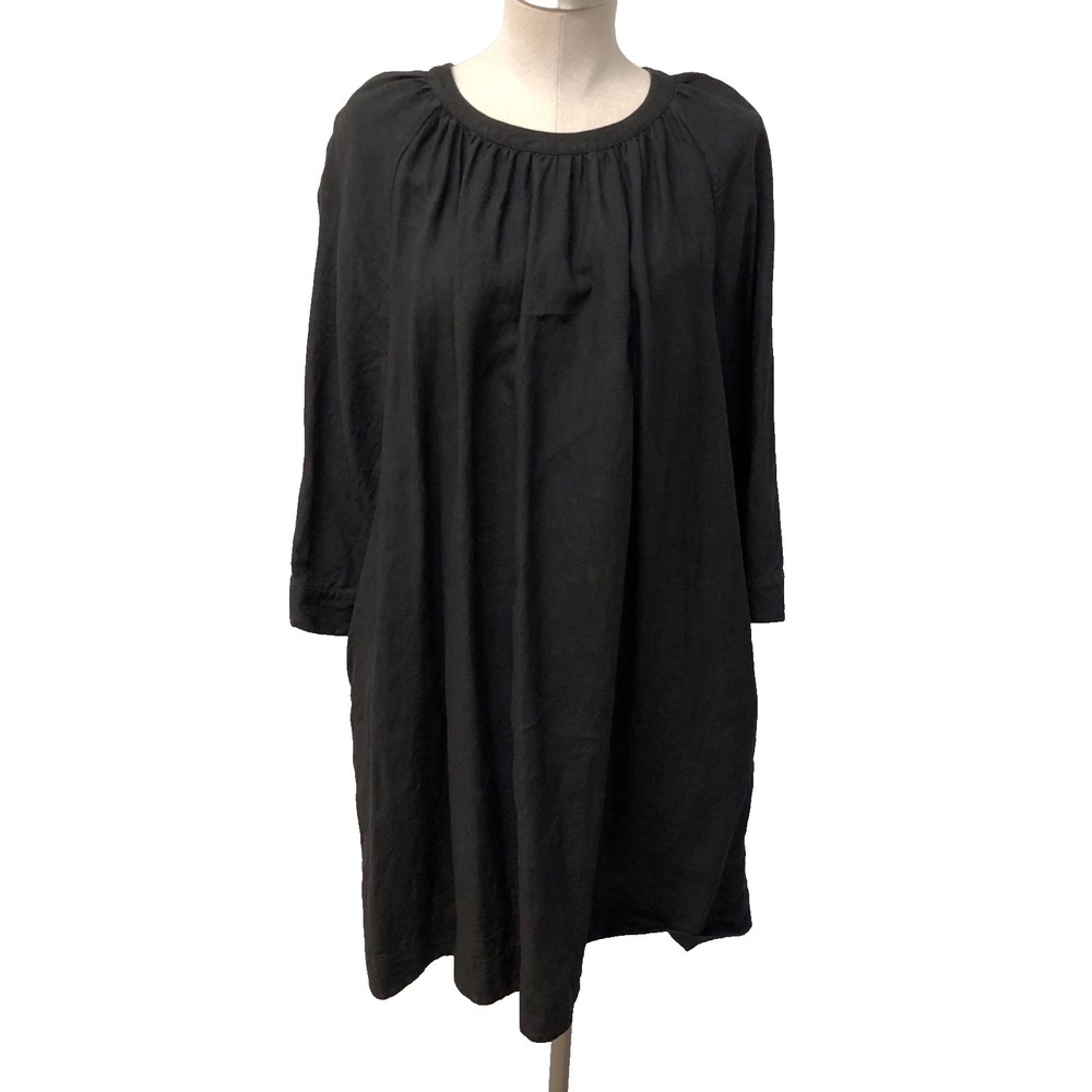 Jenni Kayne Linen Shift Dress Womens Large Black 3/4 Sleeve Peasant Lagenlook